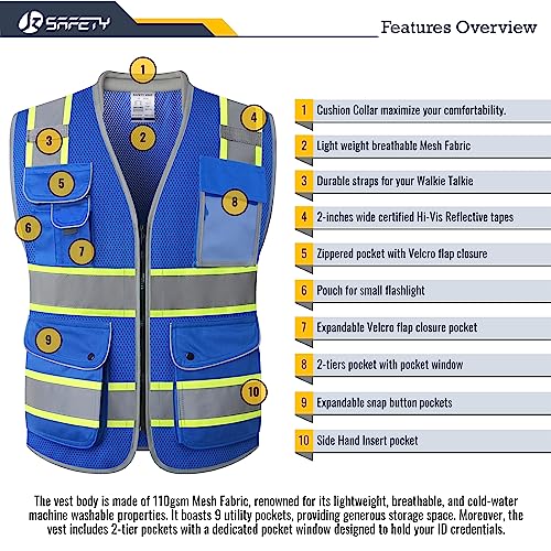 JKSafety 9 Pockets Hi-Vis Safety Vest Breathable Mesh Fabric Cushioned Collar Work Utility PPE Lightweight Industrial Work Gear ANSI/ISEA compliant (101-Blue 3XL)