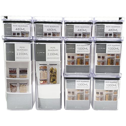 Kit 10 Potes Mantimentos Hermético Quadrado Empilhável Cozinha Acrílico