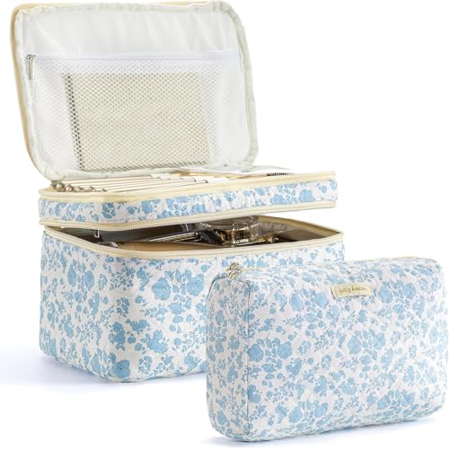 HBselect 2Pcs Travel Makeup Bag, Large Cotton Quilted Makeup Bag Cosmetic Bag Cute Make up Bag Toiletry Bags for Women Girls