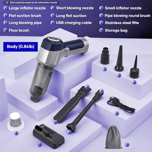 Image of SakerPlus Mini Vacuum Cleaner, 3 in 1 Car Vacuum Cleaner High Power, 15000PA Powerful Suction, Air Duster, 7500mAh, Dual Filter,Adjustable Small Vaccum Portable Cordless for Cars,Desktop - Deep Blue