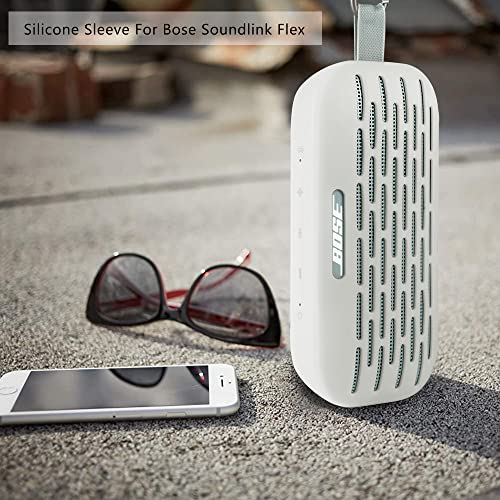 Image of Esimen Silicone Cover for Bose SoundLink Flex Bluetooth Portable Wireless Speaker Soft Protective Sleeve with Carabiner, Full Directions Protection Silicone Carrying Case (White)