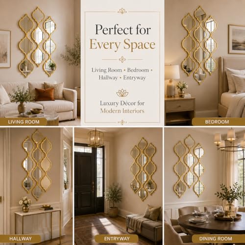 Image of Set of 9 Quatrefoil Wall Mirrors - Decorative Moroccan Lattice Accent Mirrors - Interlocking Geometric Wall Art for Living Room, Entryway, and Bedroom Decor (Gold)