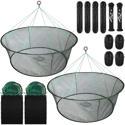 Lasnten 2 Set Portable Foldable Fishing Net Set, 2 Open Mouth Nets, 4 Bait Cages, Durable Crab Net Fish Nylon Net, Good for Freshwater & Saltwater Fishing, Includes Drawstring Bags and Safety Ropes