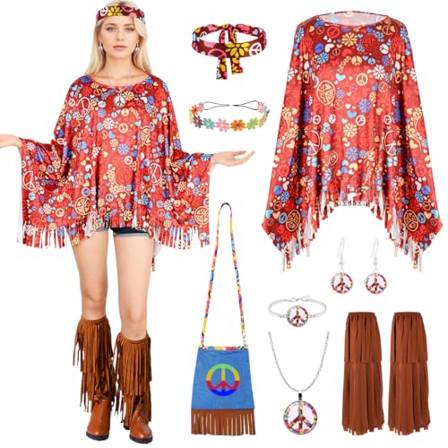 TOSZOLY Costume Hippie Donna, Vestito Hippie Anni 70 Anni 60, Costume Carnevale Donna Altri Accessori Hippie, Mantello da Discoteca, Festa a Tema Retrò, Halloween, Cosplay (Rosso)