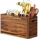 Yirilan Wooden Kitchen Utensil Holder for Counter, Acacia Wood Utensil Holder for Storage Cooking and Silverware with 4 Compartment, Rustic Wooden Organizer Container