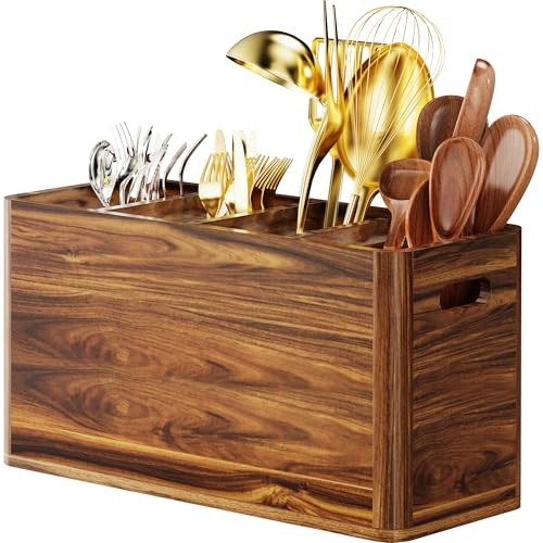 Yirilan Wooden Kitchen Utensil Holder for Counter, Acacia Wood Utensil