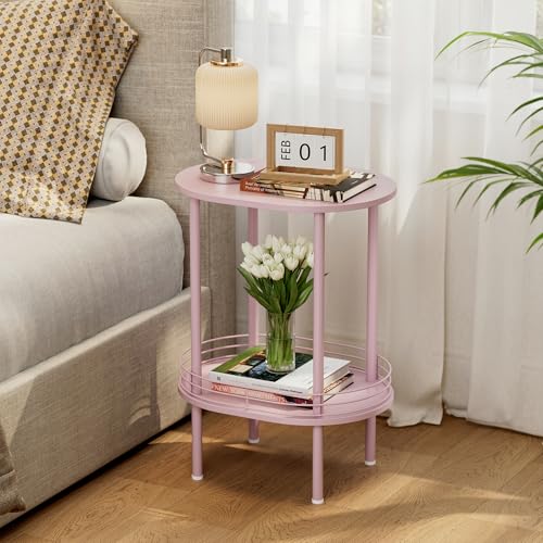 Image of Small Modern Oval Side Table with Storage,2-Tier Side Tables Living Room,Sturdy Nightstand for Small Space - Living Room, Bedroom, Bathroom, Nursery (1PC,Pink)