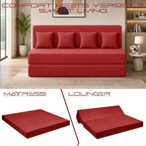Image of Los Angeles Foldable Four Seater Sofa Cum Bed, Sofa Bed 6X6 Feet Jute Fabric Washable Cover Including Four Cushion Perfect for Living Room,Office - Red Color