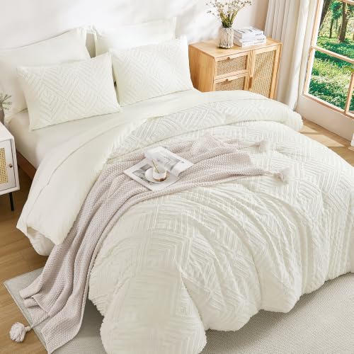 Image of Andency Queen Comforter Set 7 Piece Ivory - Bed in a Bag Queen Boho Lightweight Fluffy Tufted Bedding Sets with Comforter, Sheets, Pillowcases & Shams