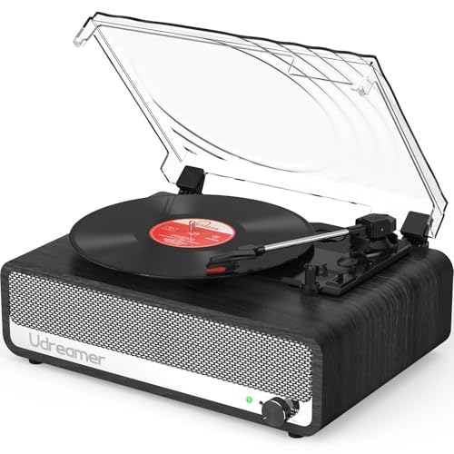 Udreamer Platine Vinyle avec Haut-Parleur, Bluetooth, Compatible USB, entrée auxiliaire, Sortie Casque RCA, entraînement par Courroie, 3 Vitesses, arrêt...