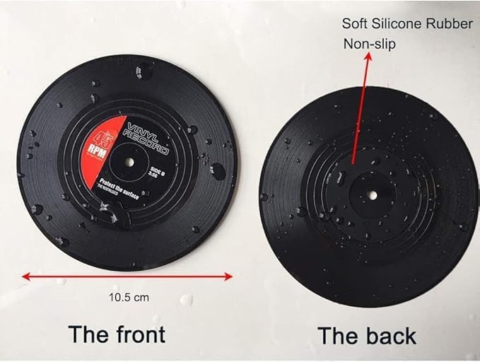 Miniatura 2 de Paquete de 6 posavasos de silicona con diseño de disco vintage, alfombrillas antideslizantes de 3.9 in, impermeables y resistentes a las manchas,