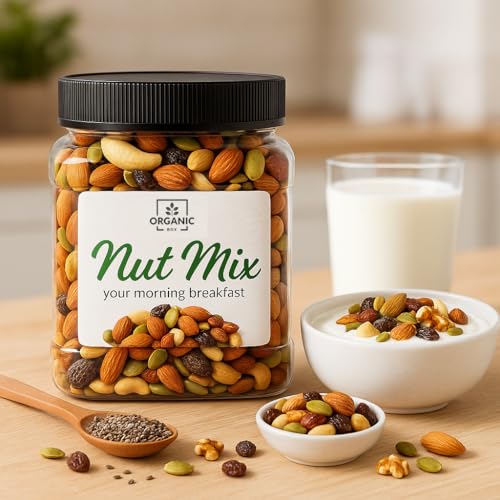 Image of Organic Box Healthy Nutmix 250gm, Dried Almonds, Black Raisins, Cashewnuts, Black Dates & Many More. (Jar Pack)