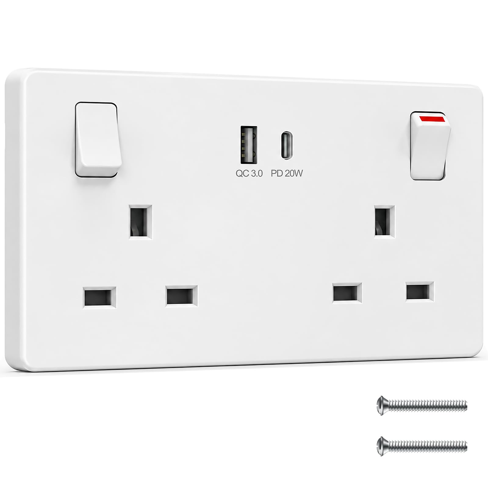 Double Socket with USB C, 2 Gang Switched Wall Socket with PD 20W USB-C & QC3.0 USB-A Fast Charging Ports, Screwless 13A UK Plug Socket Twin Electrical Outlets, White