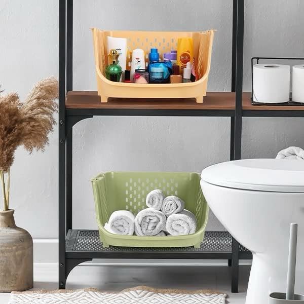 Image of Multipurpose Plastic Basket Storage Rack with Wheels - Stackable Organizer Shelf (Pack of 3)