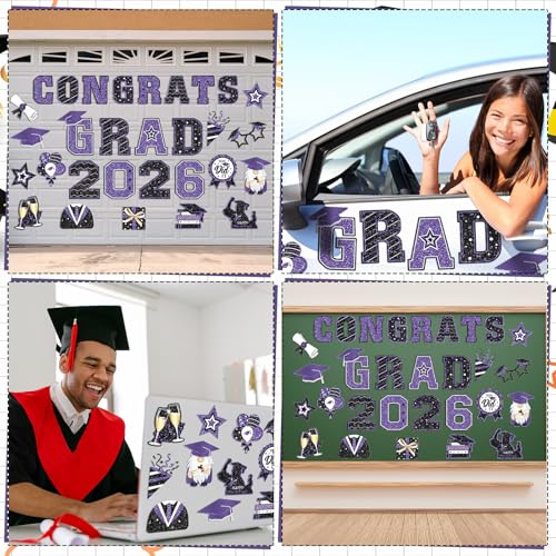Image of Landhoow 30 Pcs Graduation Car Magnets 2026 Senior Graduation Car Decoration Bumper Sticker Congrats Grad Magnet Magnetic Refrigerator Decal for Grad Parade Party Supplies(Purple, Black)