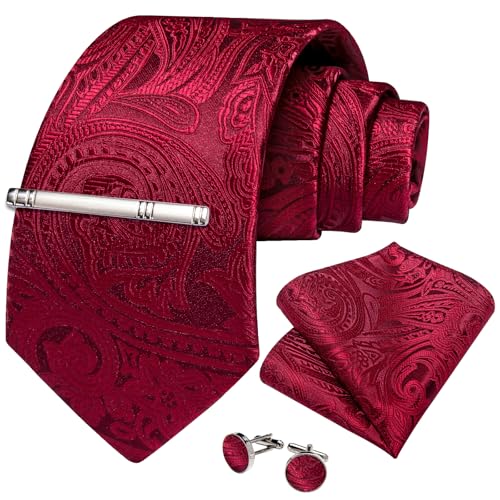 Image of DiBanGu Silk Floral Ties for Men Woven Paisley Necktie and Tie Clip Handkerchief Cufflinks Set for Party Wedding
