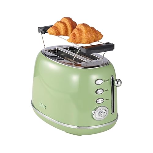 Wiltal Toaster Retro 2 Slice, Vintage Green Toaster with Lid, with Bread Attachment, Preheat, Defrost And Cancel Functions, 6 Browning Levels (Green)