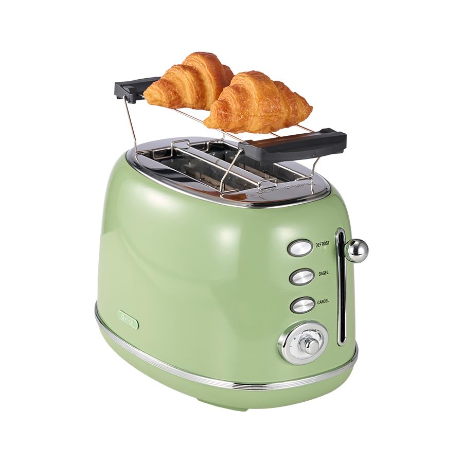 Toaster Retro 2 Slice, Vintage Green Toaster with Lid, with Bread Attachment, Preheat, Defrost And Cancel Functions, 6 Browning Levels