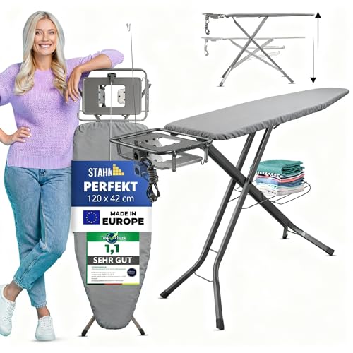 STAHLMANN ® großes Bügelbrett [120x38 Bügelfläche] mit Kleidungsplatte...
