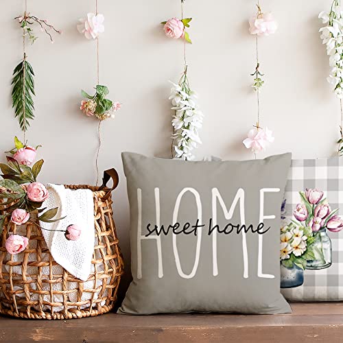 Anydesign Spring Pillow Covers Gray Buffalo Plaids Sweet Home Love Throw Pillow Case Truck Tulip Lavender Floral Cushion Cover For Farmhouse Couch Sofa Car Decoration, 18 X 18 Inch, Set Of 4 #TOP4