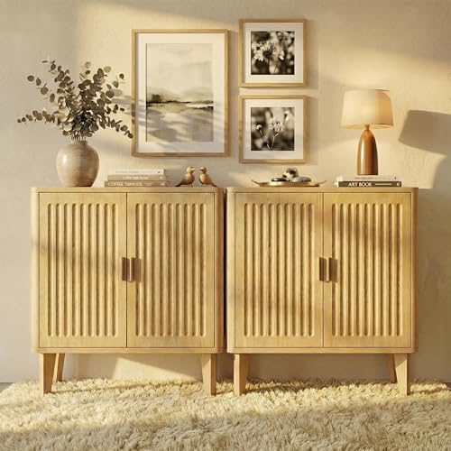 Image of 30 inch Mid Century Modern Fluted Storage Cabinet, 12 inch Depth Sideboard with Adjustable Shelves, Accent Cabinet with 2 Doors for Dining Room, Entryway, Living Room, Oak, 2 Pack