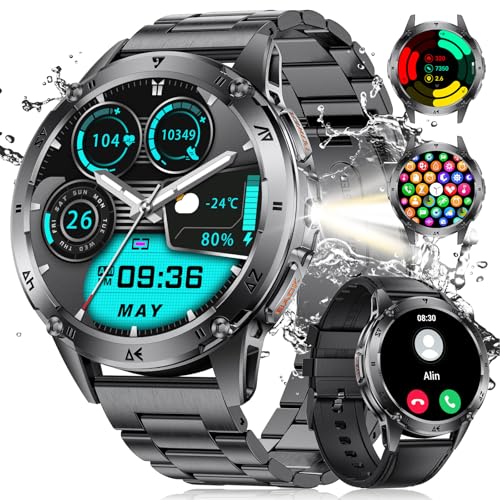 FEELNEVER Reloj inteligente 2025 para hombre con linterna, reloj inteligente Amoled de 1.4 pulgadas siempre encendido, con llamada, reloj inteligente IP68 con monitor de frecuencia cardíaca y sueño,