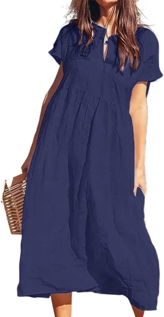 Cotton Linen Dress for Women Casual Summer Short Sleeve Flowy Long Dresses Loose Beach Vacation