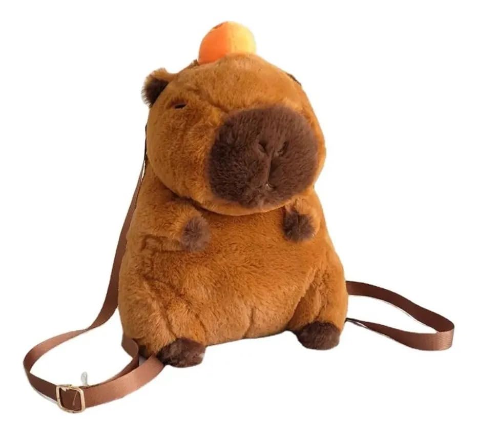 Bolsa Infantil Capivara de Pelúcia, Marrom, 22x16x14cm, Alça Regulável até 140cm, Zíper