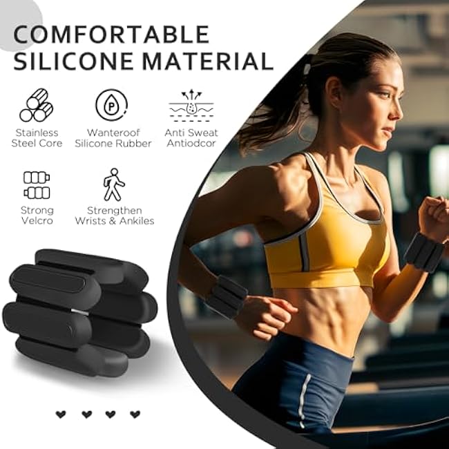 Adjustable Wrist & Ankle Weights Set of 2(1Lbs Each), Premium Silicone Wearable Weight Bracelets, Fits for Yoga, Pilates, Home Gym Workout, Dance, Pool Exercises, Jogging, Cardio, Strength Training