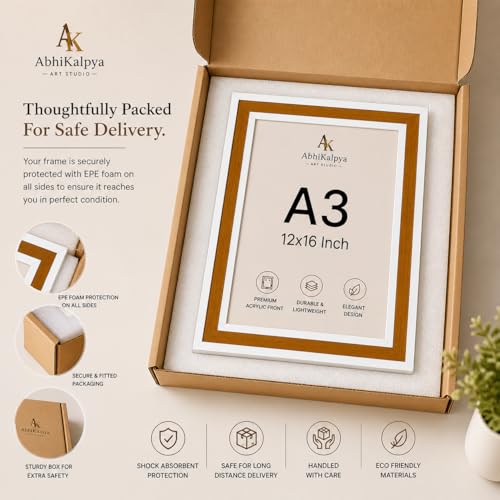 Image of AbhiKalpya Art Studio A3 Photo Frame 12x16 Inch Premium Brown Frame with White Border with Acrylic Front Wall Hanging Frame for Artwork, Posters, Paintings & Photos (Set of 1)