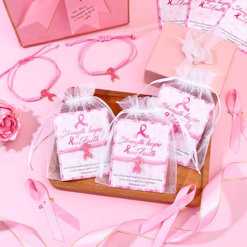 20Sets Breast Cancer Awareness Bracelets with Inspirational Cards Organza Bags Adjustable Pink Ribbon Breast Awareness Bracelets for Women Cancer Fighters Fundraiser Events Survivors Support Gifts4
