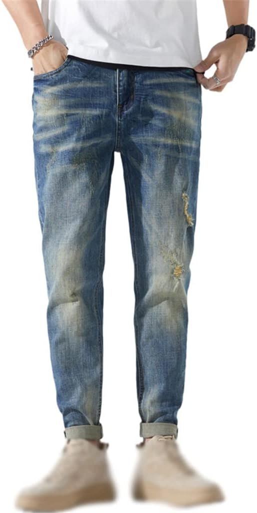 Spring Ripped Jeans Men Retro Stretch Slim Fit Wash Distressed Streetwear High Street Men's Trousers