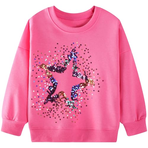 JinBei Sweatshirt für Mädchen Kinder Pullover Baumwolle Top Casual Rundhalsausschnitt Jumper Kleinkind Pailletten Sterne Druck Langarmshirt, Alter 6-7 Jahre, Gr. 116-122