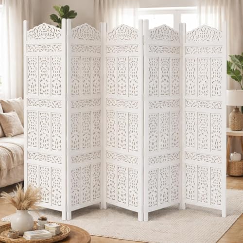 Image of Home & Goods International Wooden Room Divider Partition - Wood Screen Separator for Living Room, Bedroom, Office, Restaurant || Kangra Badrun Design, White (5 Panel)