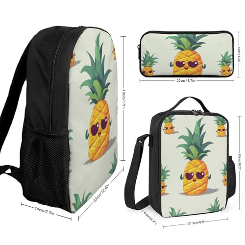 3 Piece Backpack for Women Men Lightweight Causal Daypack Shoulder Bag Set with Insulated Lunch Bag And Pencil Case Organizers Cute Pineapple2