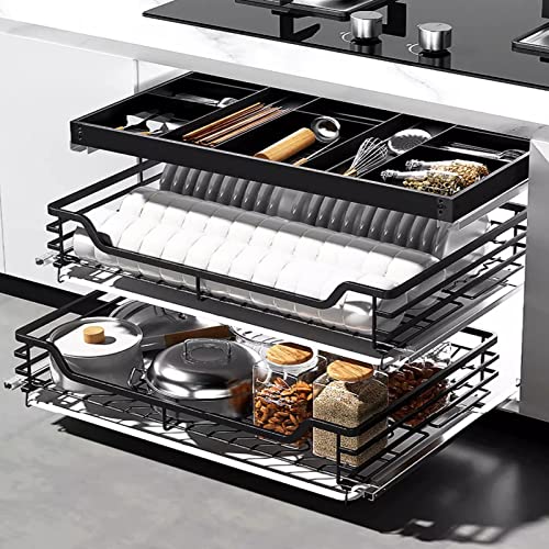 Étagère de rangement coulissante à double panier métallique pour casseroles