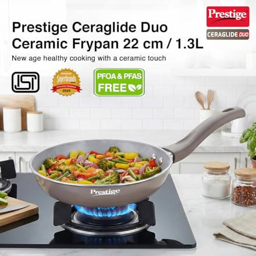 Image of Prestige Ceraglide Duo Frypan 22Cm /1.3L Non-Stick Ceramic Coating|Works On Gas & Induction|High Heating|Cool Touch Handle|Grey