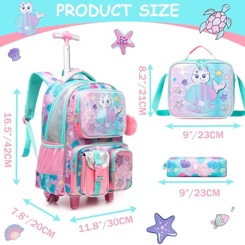 Rolling Backpack Kids Backpacks with Wheels for Girls 3PCS School Back Pack with Lunch Box Bookbag Age 8-10 Book Bag Kindergarten Preschool Kid Seashells and Cats2
