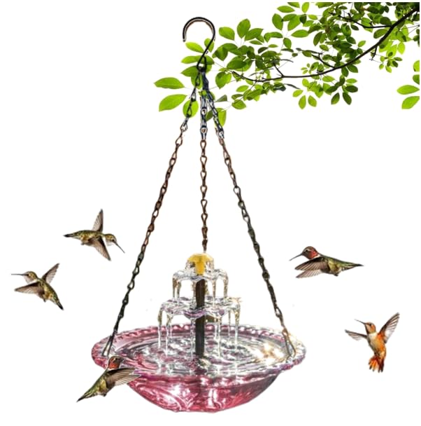 2026 New Solar Hanging Bird Bath Fountain Set Birds Water Feeder Bowl for Domesticated Birds Wild Birds Solar Powered Bird Bath Water Feature Cascade for Outdoor Garden Backyard (Pink)