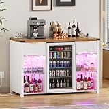 3-in-1 Barschrank Weinkühlschrank mit LED-Beleuchtung, 135cm Getränkeschrank mit Weinregal und Steckdosen,Bar Buffetschrank Möbel mit Mini Kühlschrank/Kühlbox Stauraum für Küche, Wohnzimmer, Esszimmer