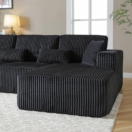 Image of L Shaped Modular Boneless Sectional Couches for Living Room, Wide Armrest, Deep Seat, Memory Foam, Assembly Free, Modern Comfy Corduroy Fluffy Cloud Sofa with Right Chaise, Black