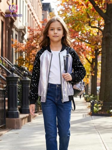 Image of WELAKEN Girls Sequin Sparkle Zip Bomber Jacket | Sequin sleeves, shiny bomber style, ribbed trim, smooth zipper and side pockets for party, dance, school and photos