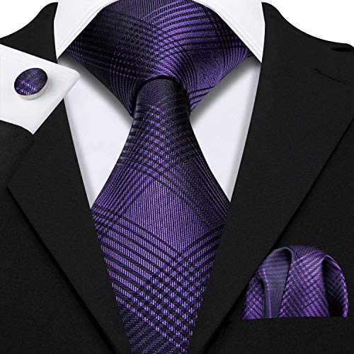 Image of Barry.Wang Mens Tie Set Plaid Check Neckties Formal Business Wedding Luxury Pocket Square Cufflinks