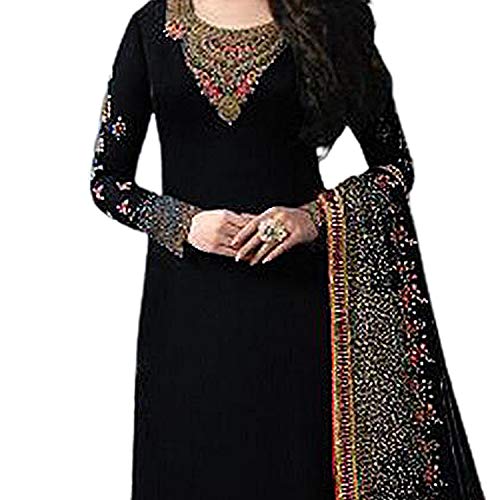Image of Miss Ethnik Women's Black Georgette Semi Stitched Top With Unstitched Santoon Bottom and Faux Georgette Dupatta Embroidered Straight Kurta Dress Material (Salwar Suit Set) (ME-1-976-Black)