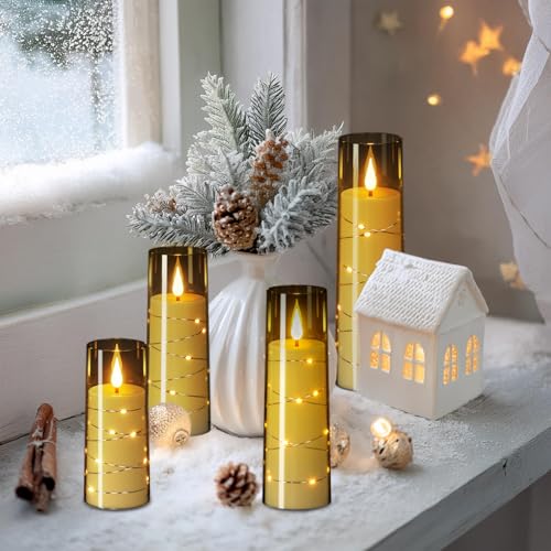Image of Flameless Candles with Remote Timer, Embedded String Lights Candles Acrylic Flickering, Battery Operated LED Pillar Candles, 4 Pcs Unbreakable Plexiglass, Black, 2.3x5 /6 /7 /8 inches