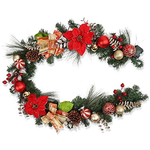 6ft Christmas Wreath with Lights, Christmas Battery Operated Artificial Vine with Classic Red Gold Decor, Pre-Lighted Christmas Wreath for Christmas Staircase Fireplace
