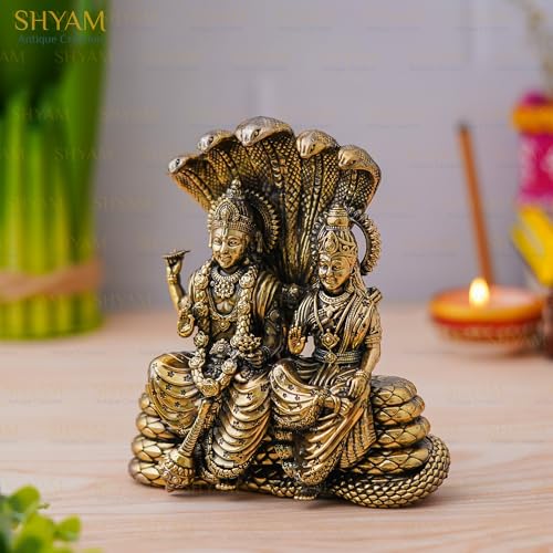 Image of Maa Laxmi And Vishnu Ji Resting On Snake Idol Brass 5.5 Inch Maa Lakshmi Vishnu Ji Sitting On Sheshnag Murti Lakshmi Narayan Statue for Home Office Temple Diwali Puja Gifting Decor Purpose