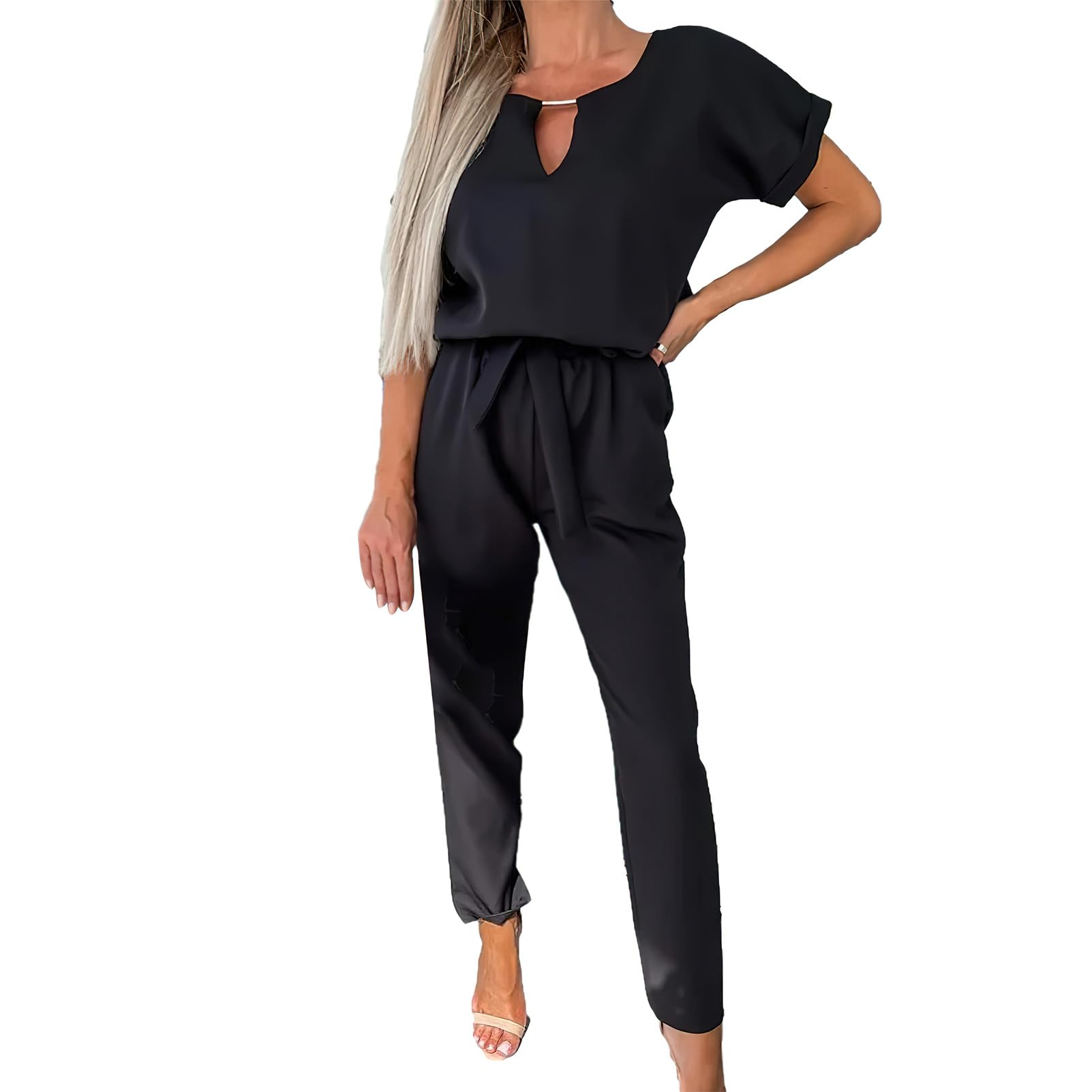amropi Femmes Combinaison Manches Courtes Col V Jumpsuit Élégant Pantalon Casual Combishort avec Ceinture