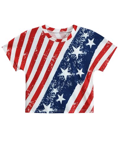 DDSOL Girls July 4th Crop Tops Patriotic Shirt American Flag Short Sleeve Tshirts for Girl 6-14 Years