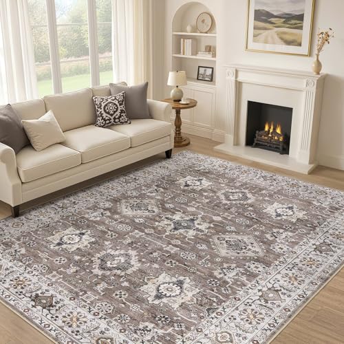 Area Rugs for Living Room: 10x12 Washable Rug Vintage Pattern Large Non-Slip Stain Resistant Soft Durable Floor Carpet for Bedroom, Dining Room, Home Office - Brown